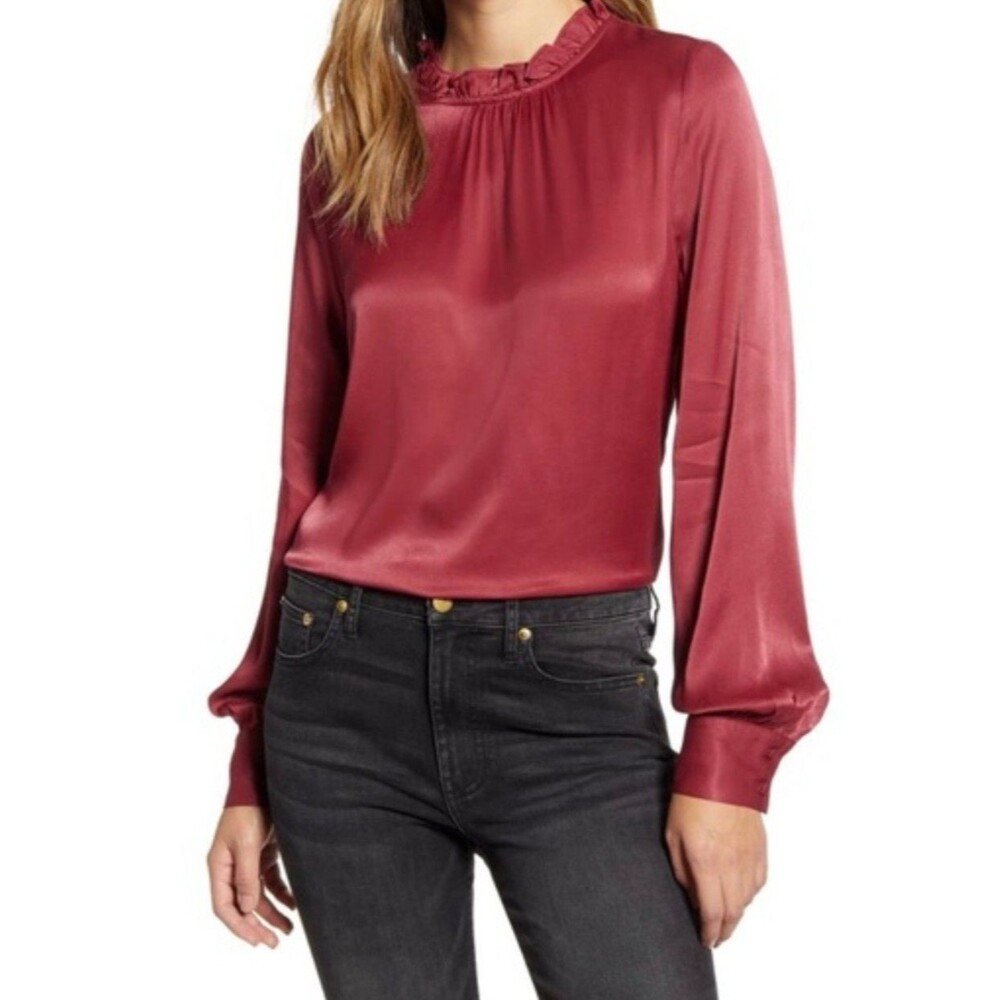 NWT - Rachel Parcell Satin Ruffle Neck Blouse LS Red Holiday Preppy XXL (J07)